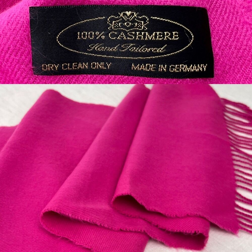 Vintage 100% Cashmere Fuchsia Pink Hand Tailored in Germany Neck Scarf 65"x11.5"
